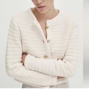Massimo Dutti Ivory Button-Up Textured Cardigan
